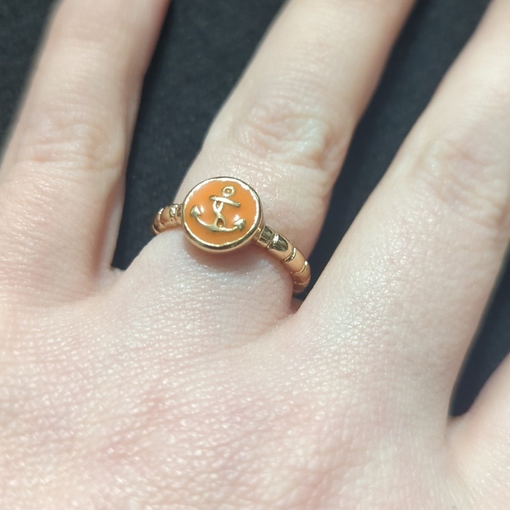 Gold Tone Orange Enamel Anchor Statement Ring - size 6.75